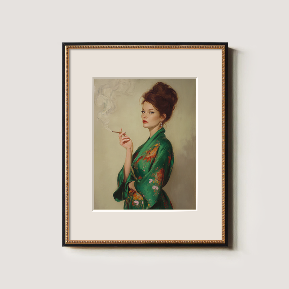 Veiled Jade Kimono Muse Watercolor Portrait