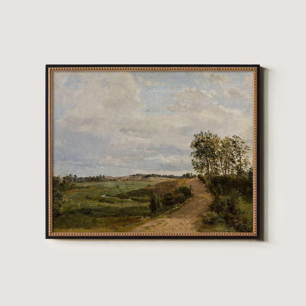 Serene Country Path Amid Lush Fields and Clouds