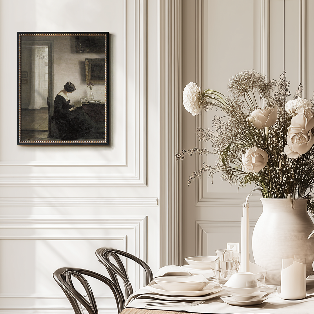 Introspective Woman Reading in Sunlit Parlor