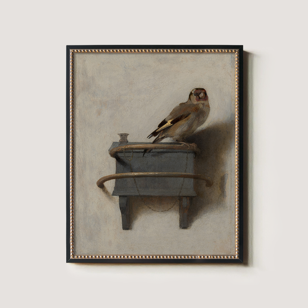 Perched Goldfinch on Ornate Wooden Shelf