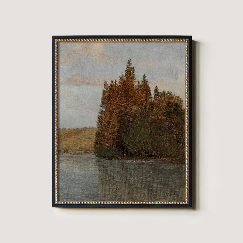 Serene Autumn Pine Lakeside Watercolor Reverie