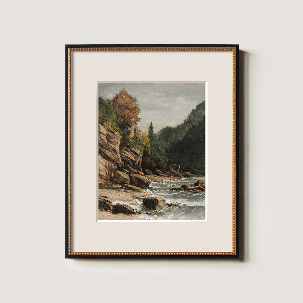 Rocky River With Fall Trees And Cliff