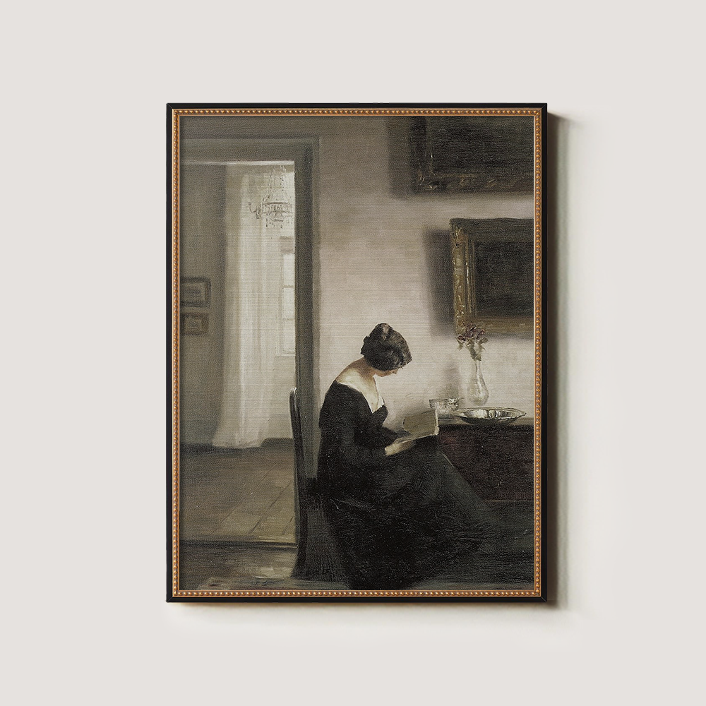 Introspective Woman Reading in Sunlit Parlor