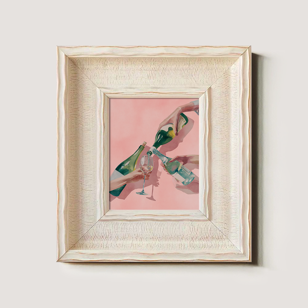 Watercolor Toast: Three Hands with Bottles and Glass