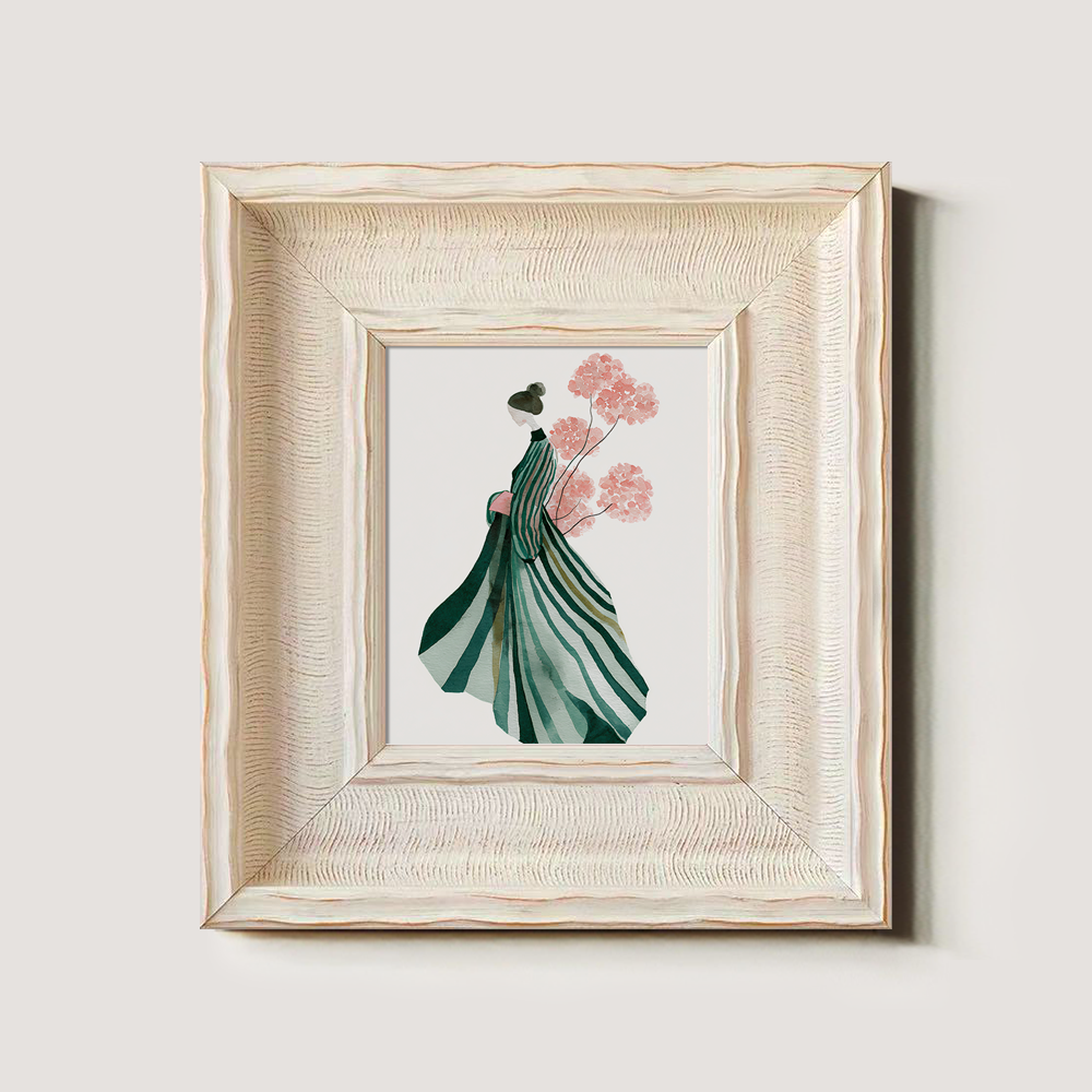 Elegant Woman in Striped Dress with Pink Flowers