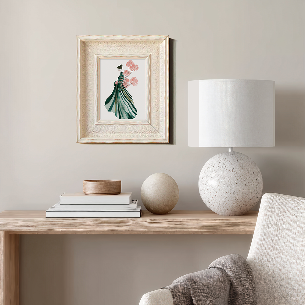 Elegant Woman in Striped Dress with Pink Flowers