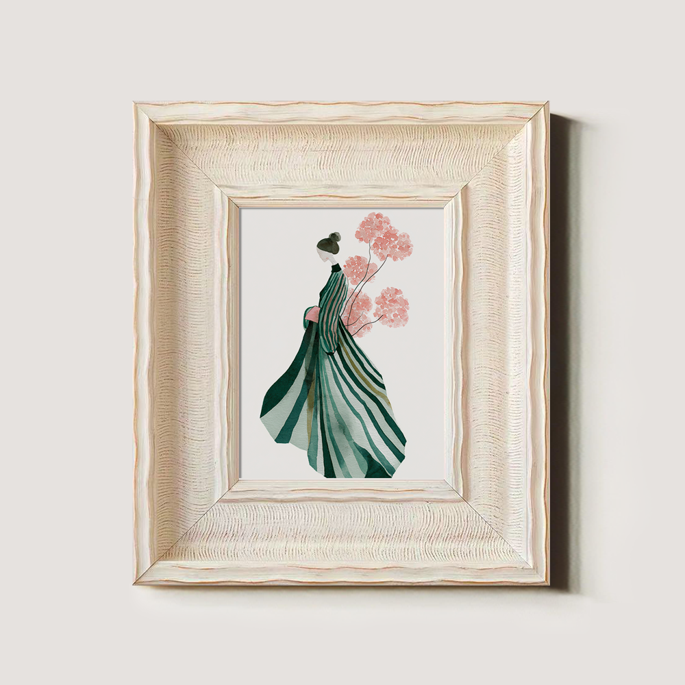 Elegant Woman in Striped Dress with Pink Flowers