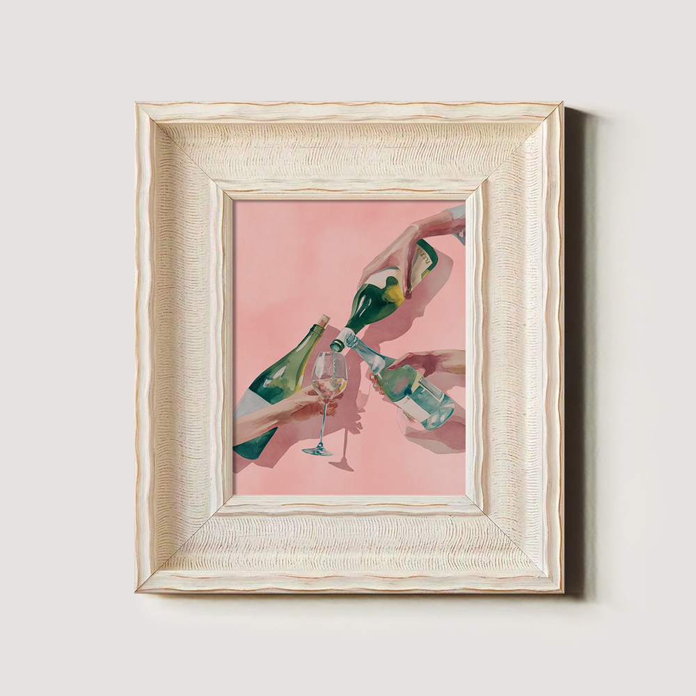 Watercolor Toast: Three Hands with Bottles and Glass