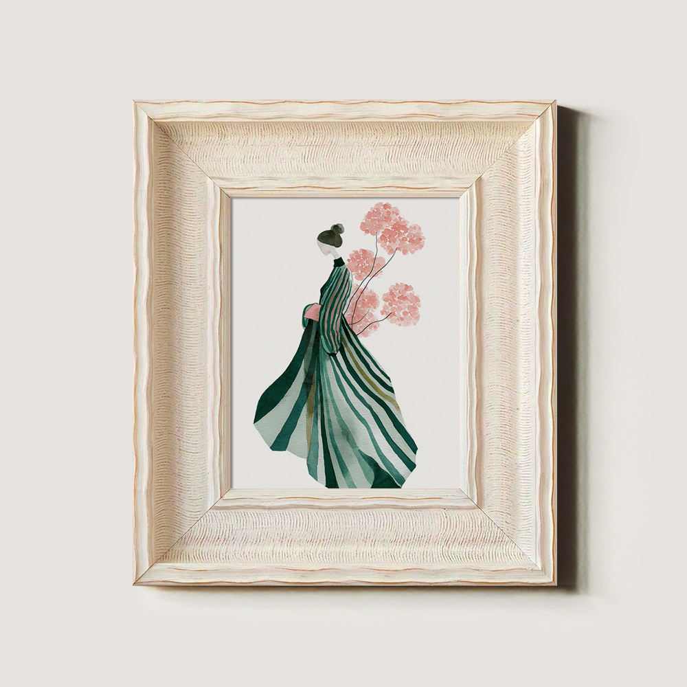 Elegant Woman in Striped Dress with Pink Flowers