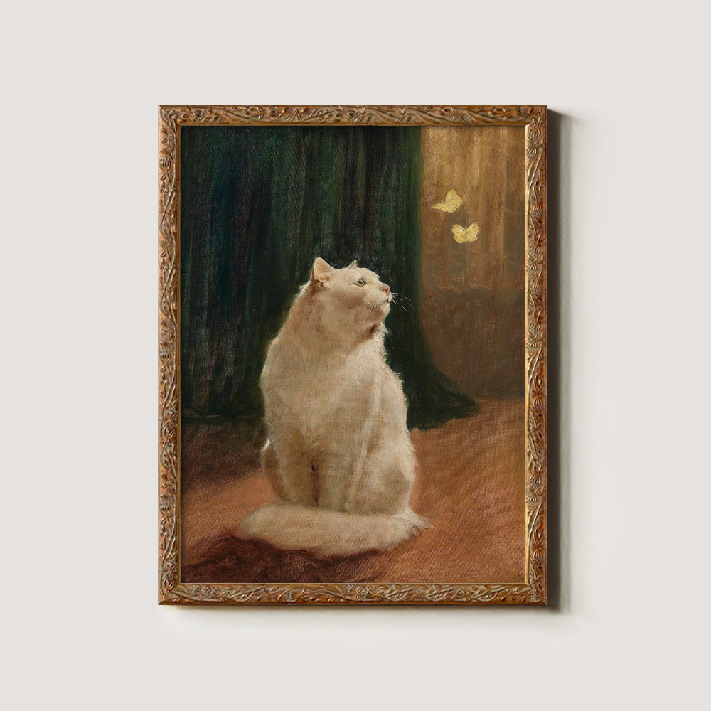 Mystical White Cat Enchanted by Golden Butterflies