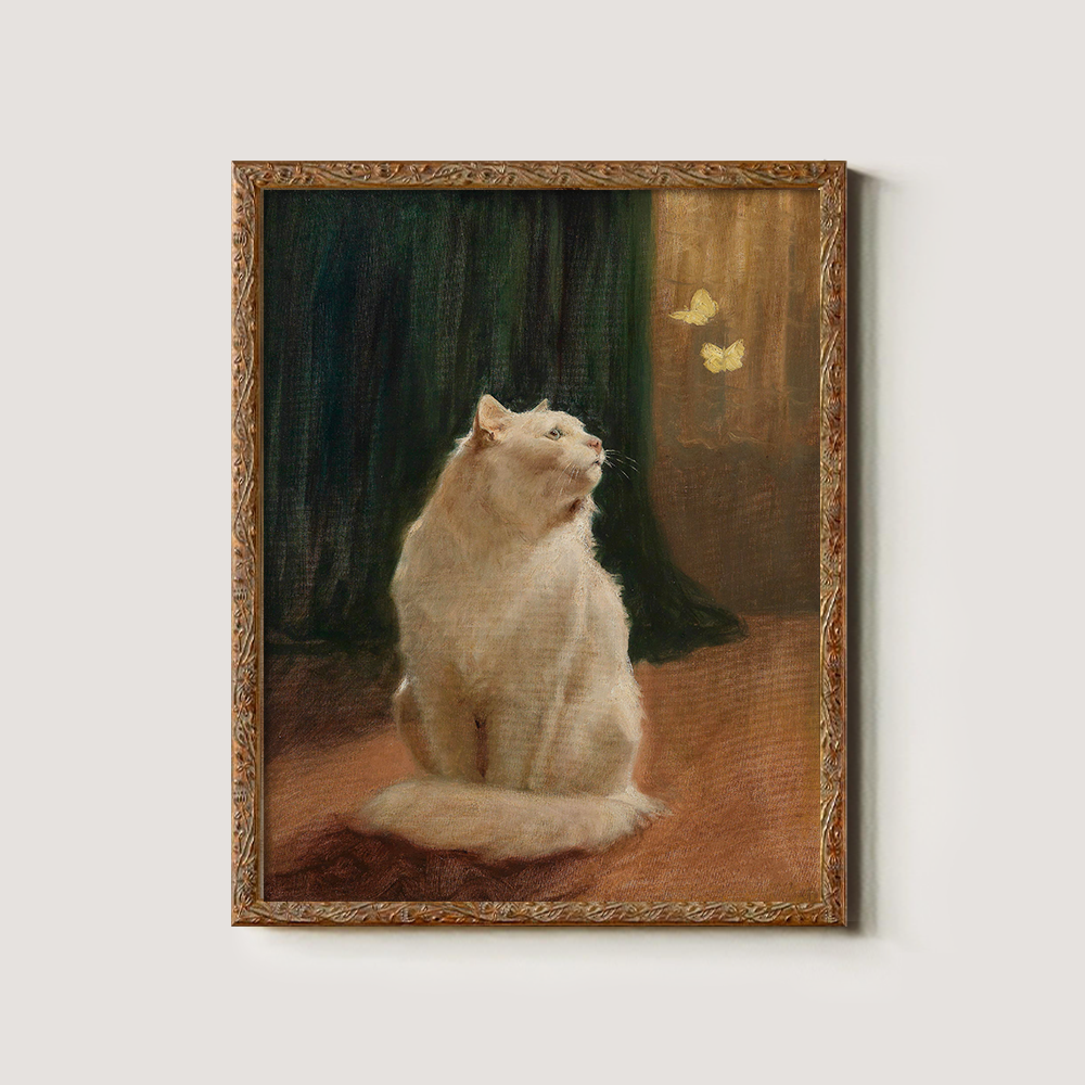 Mystical White Cat Enchanted by Golden Butterflies