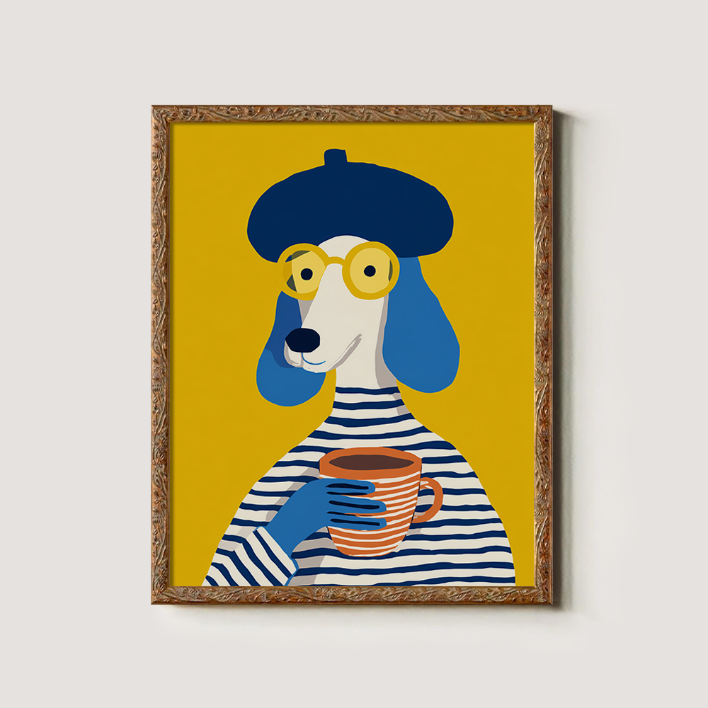 French Poodle with Beret and Coffee - Parisian Chic