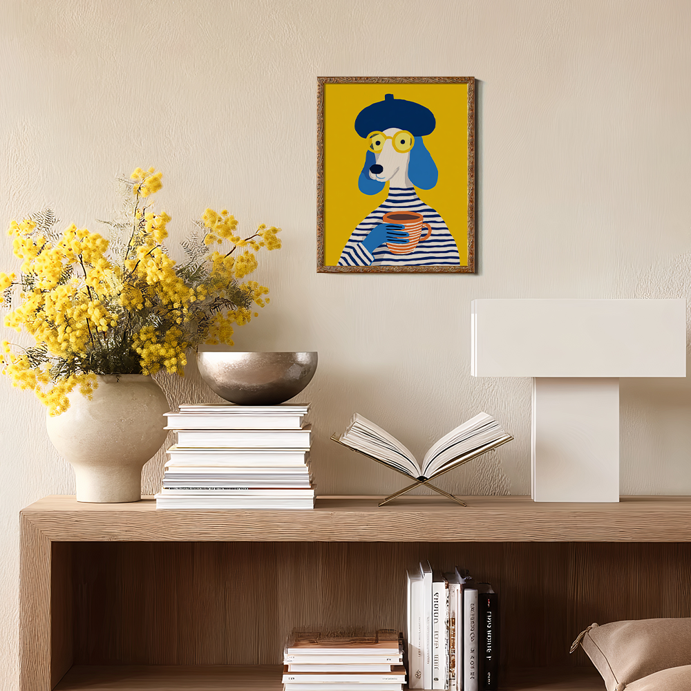 French Poodle with Beret and Coffee - Parisian Chic