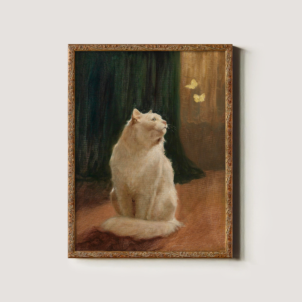 Mystical White Cat Enchanted by Golden Butterflies