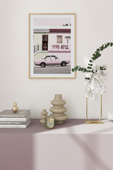 Pink Car in front of House Poster