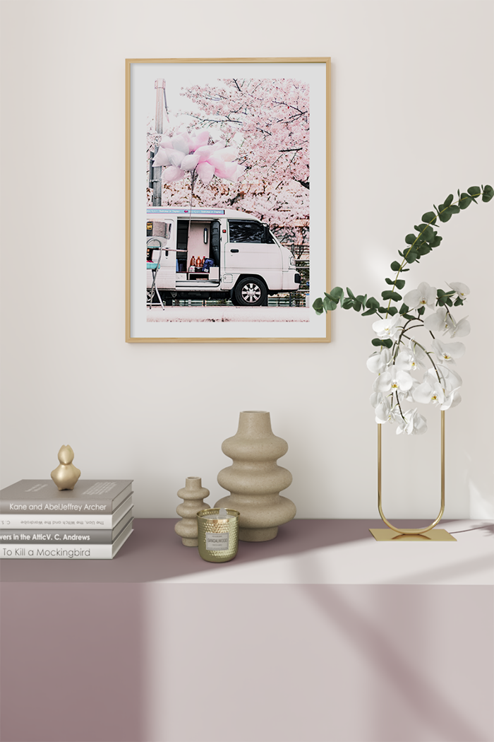 Pink Bus Under the Cherry Tree Poster