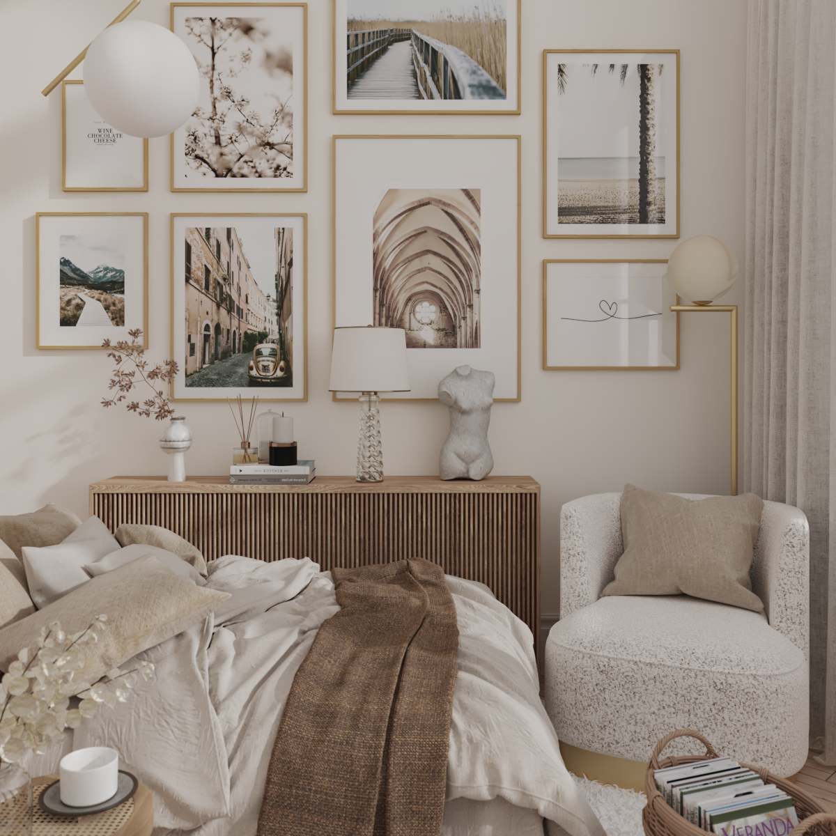 Brown Neutral Women Master Spare Bedroom Ideas Modern Boho Decor Travel Posters