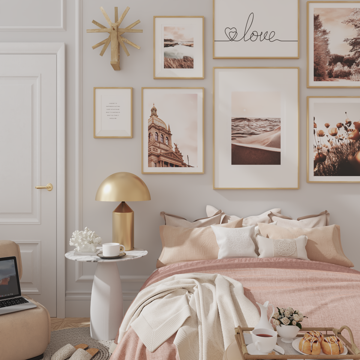 Pink White Guest Small Bedroom Wall Decor Ideas for Girl Architecture Print Flower Picture