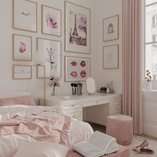 Modern Glam Pink Master Vanity Bedroom Wall Painting Decor Abstract Drawing Art