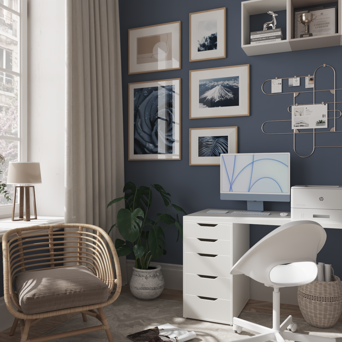 Home Office Modern Ocean Blue Wall Art Decor Aesthetic Botanical Rose Poster Teen