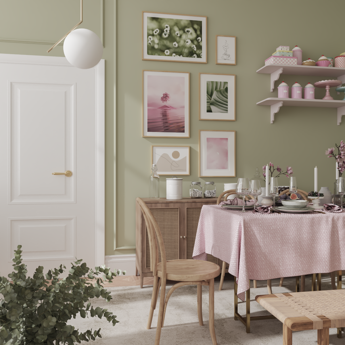 Modern Dining Room Pink Green Wall Inspiration Eclectic Botanical Print Decor Home