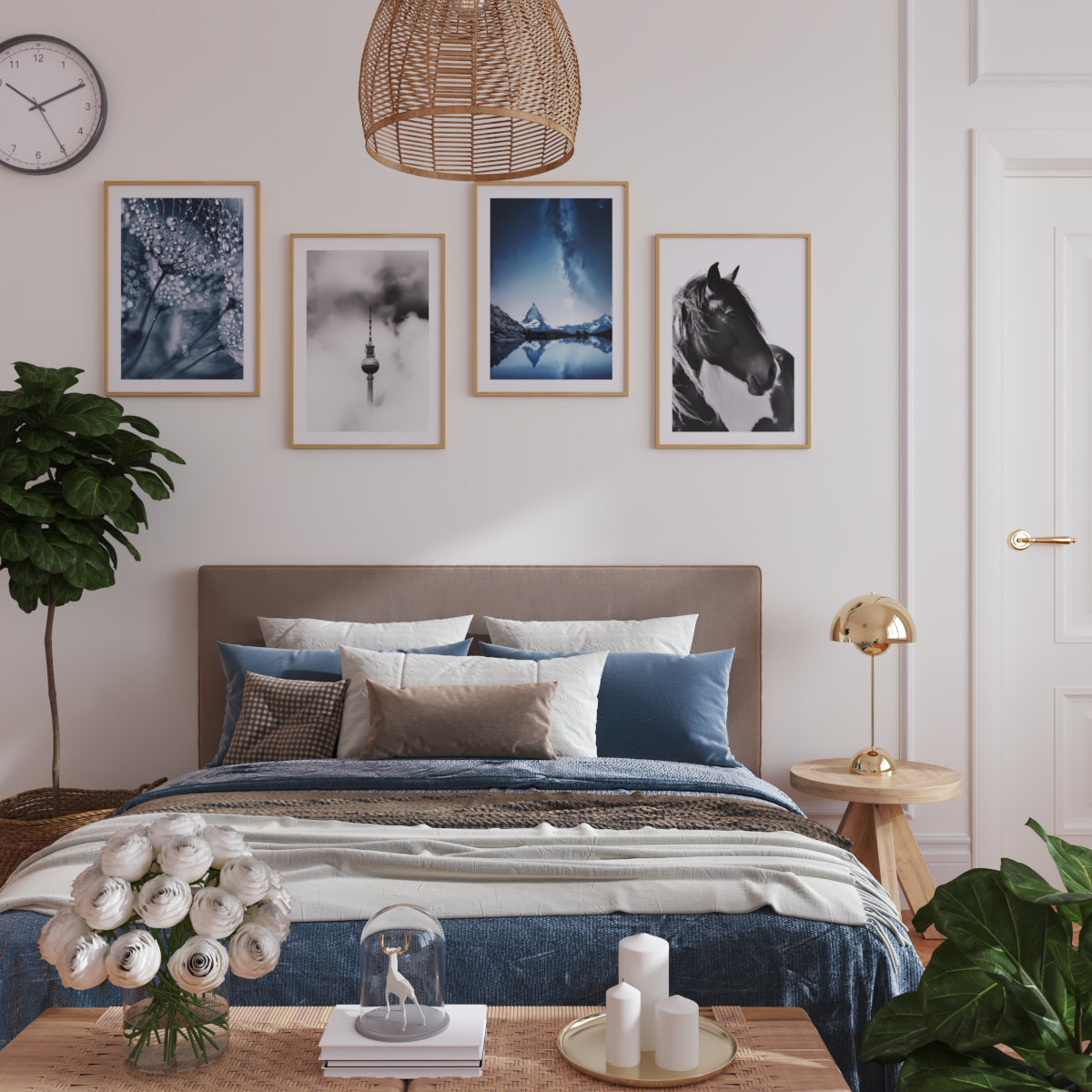 Modern Master Bedroom Decoration Ideas Brown Blue Forest Mountain Print Above Bed Wall Design