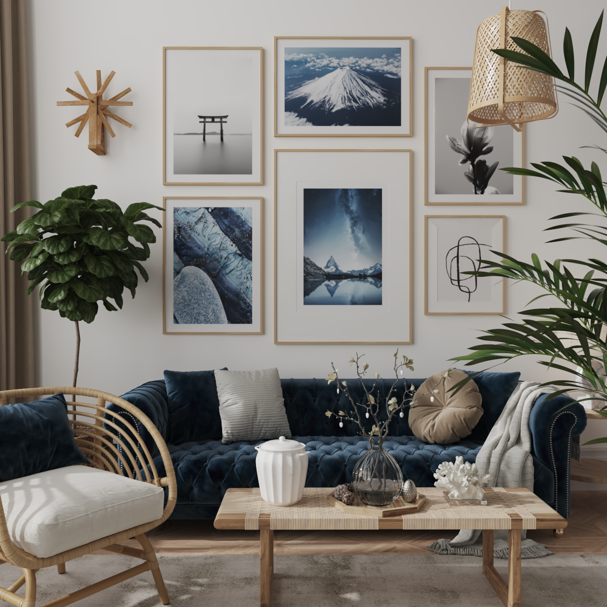 Modern House Design Living Room Wall Decor Blue Nature Poster Black and White Art