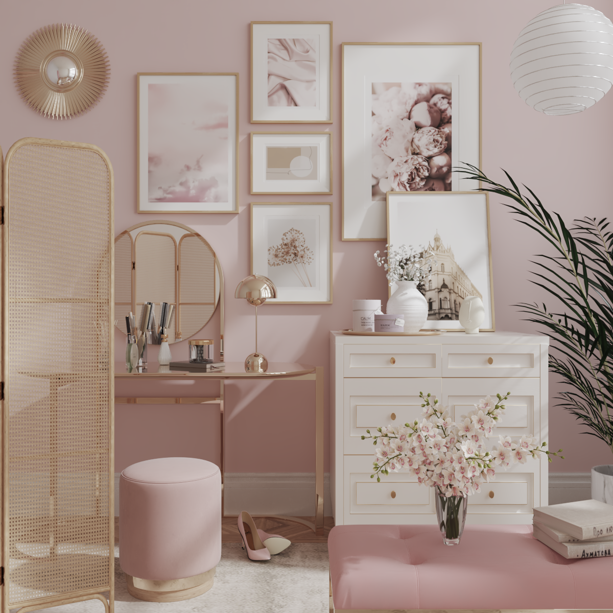 Girl Pink Dressing Room Bedroom Ideas Women Vanity Wall Design Flower Poster Modern Artwork