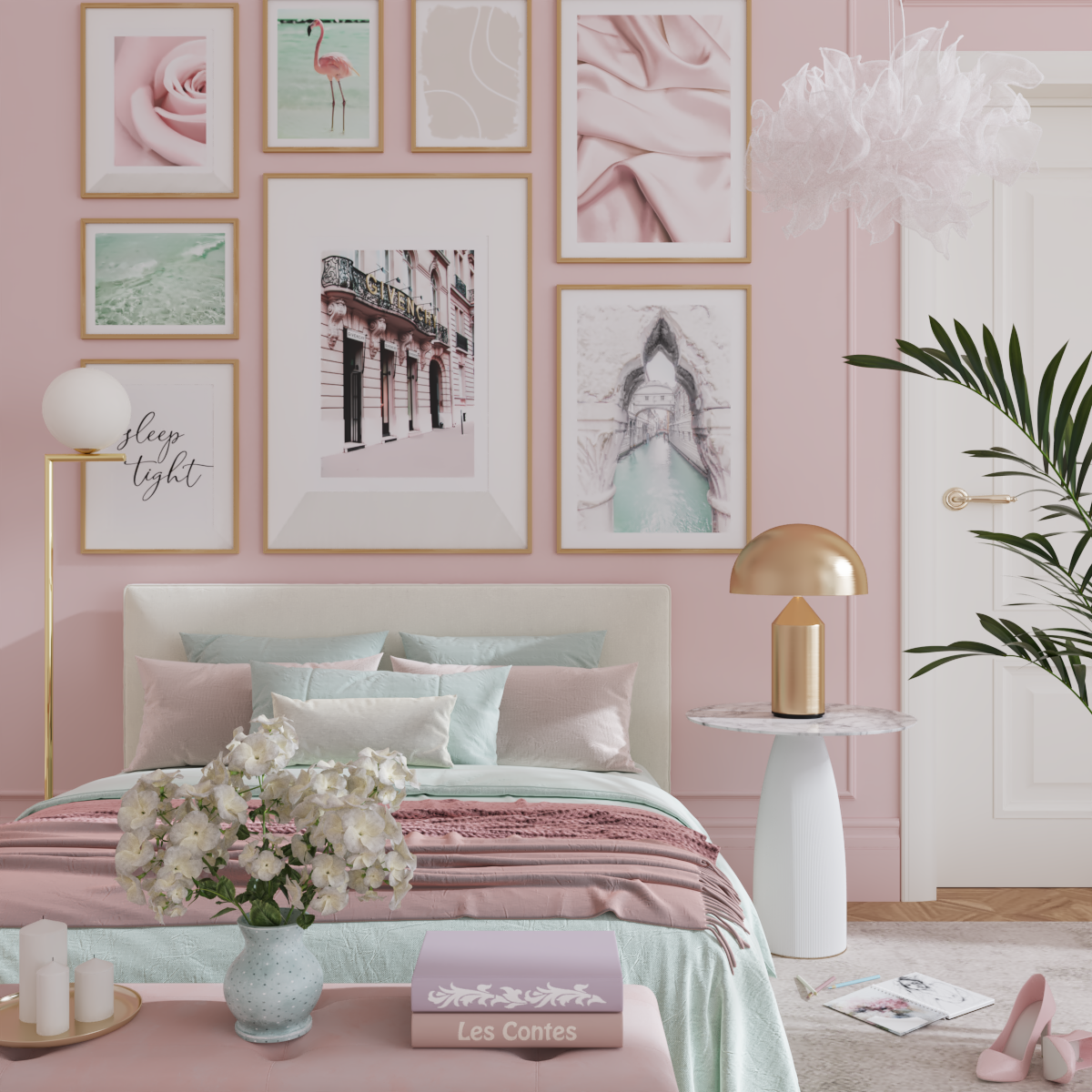 Pink Light Blue Modern Bedroom Decor Ideas Above Bed Wall Artwork Girl Room Design