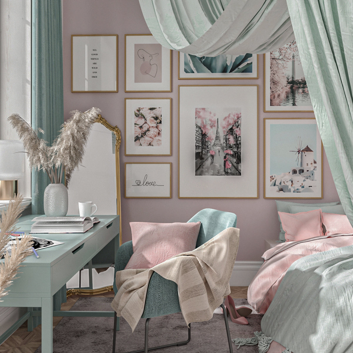 Modern Master Bedroom Office Ideas Wall Art Print Teal Blue Love Poster Aesthetic for Girl