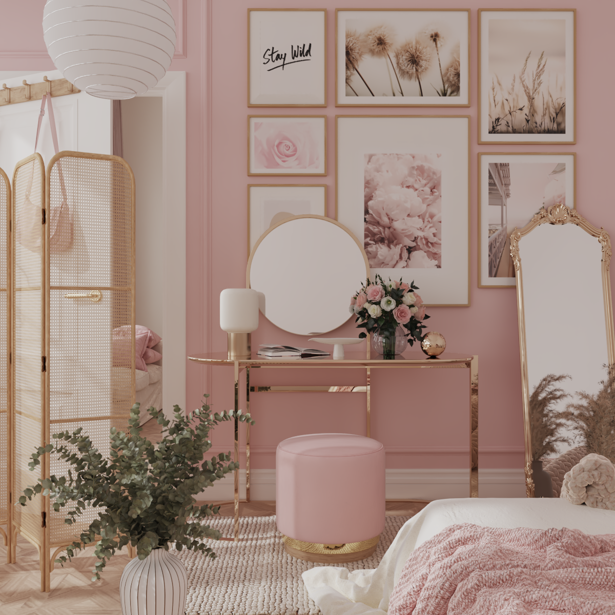 Pink Picture Wall Dressing Bedroom Decor Girl Modern Glam Room Ideas Flower Art