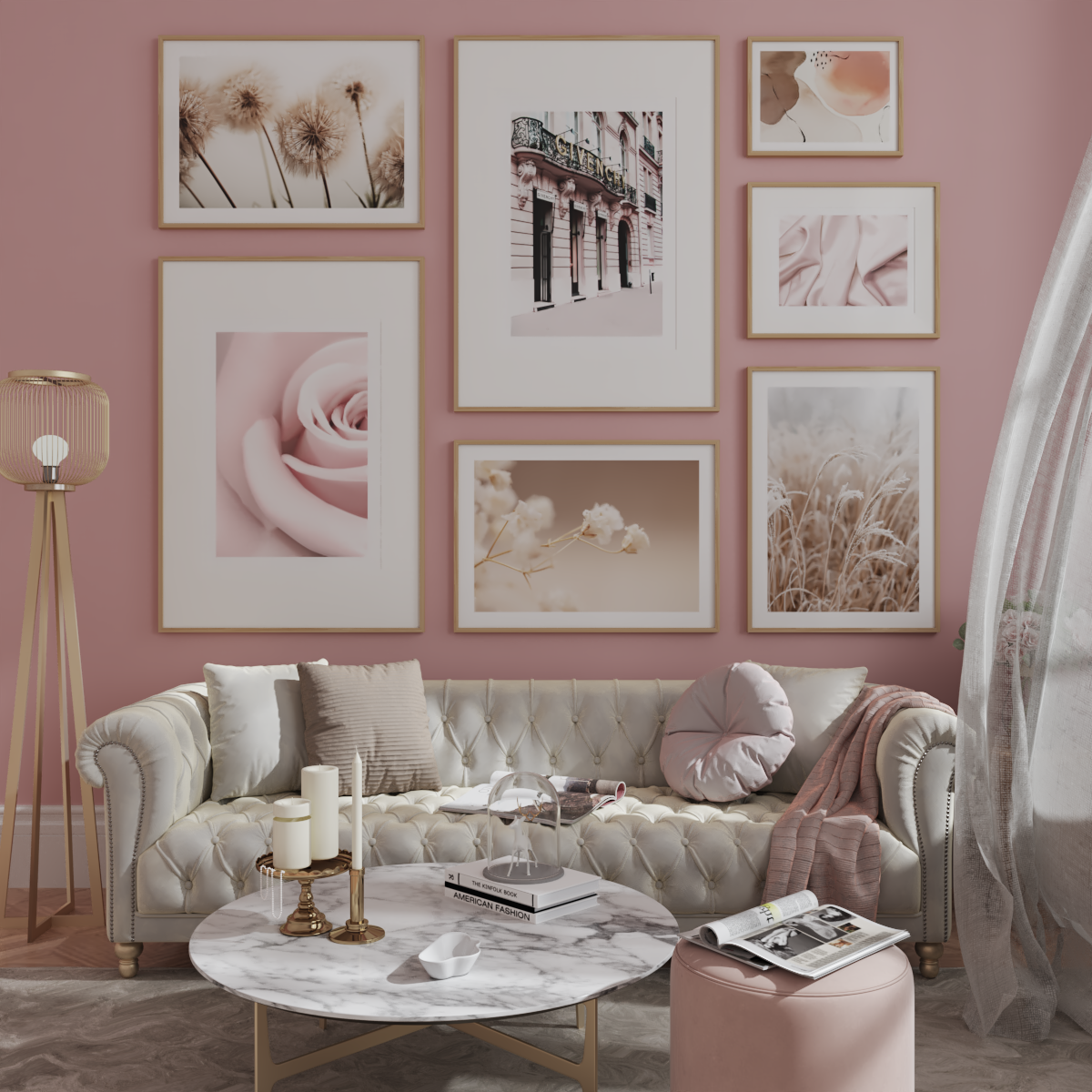 Glam Luxury Pink Living Room Large Wall Art Decor Picture Frame Teen Girl Flower Poster Abstract Art