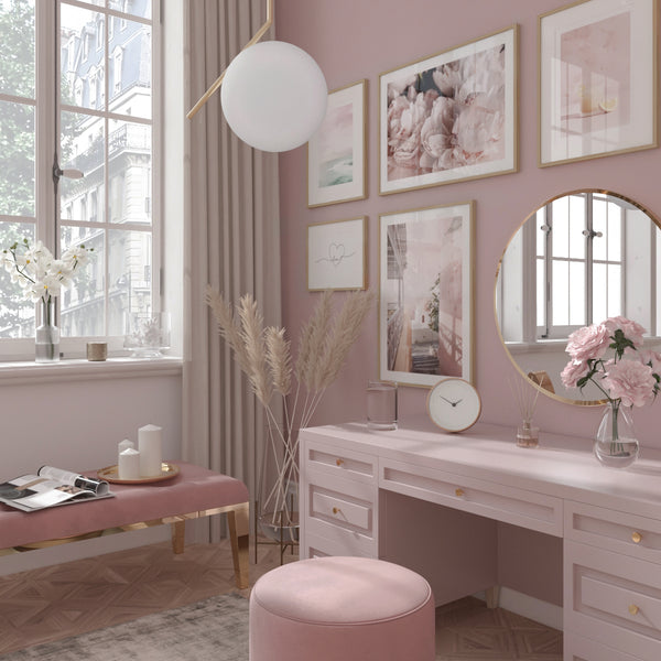 Modern Glam Dressing Room Ideas Pink Girl Bedroom Romantic Decor Flower Poster Artwork Remodel