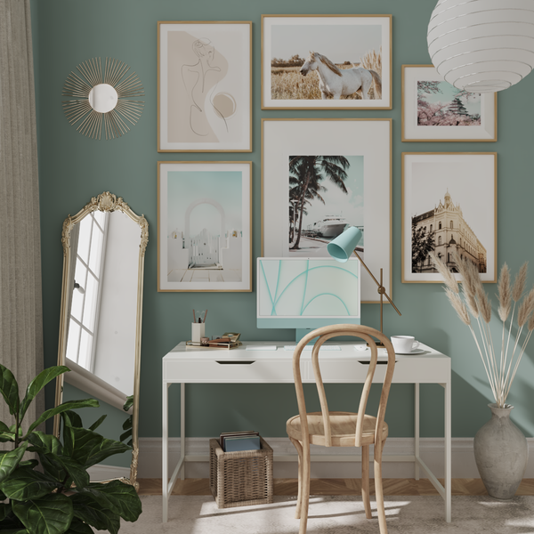 Modern Home Office Decor Light Blue Nature Art Picture Wall Inspiration Teal Room Ideas