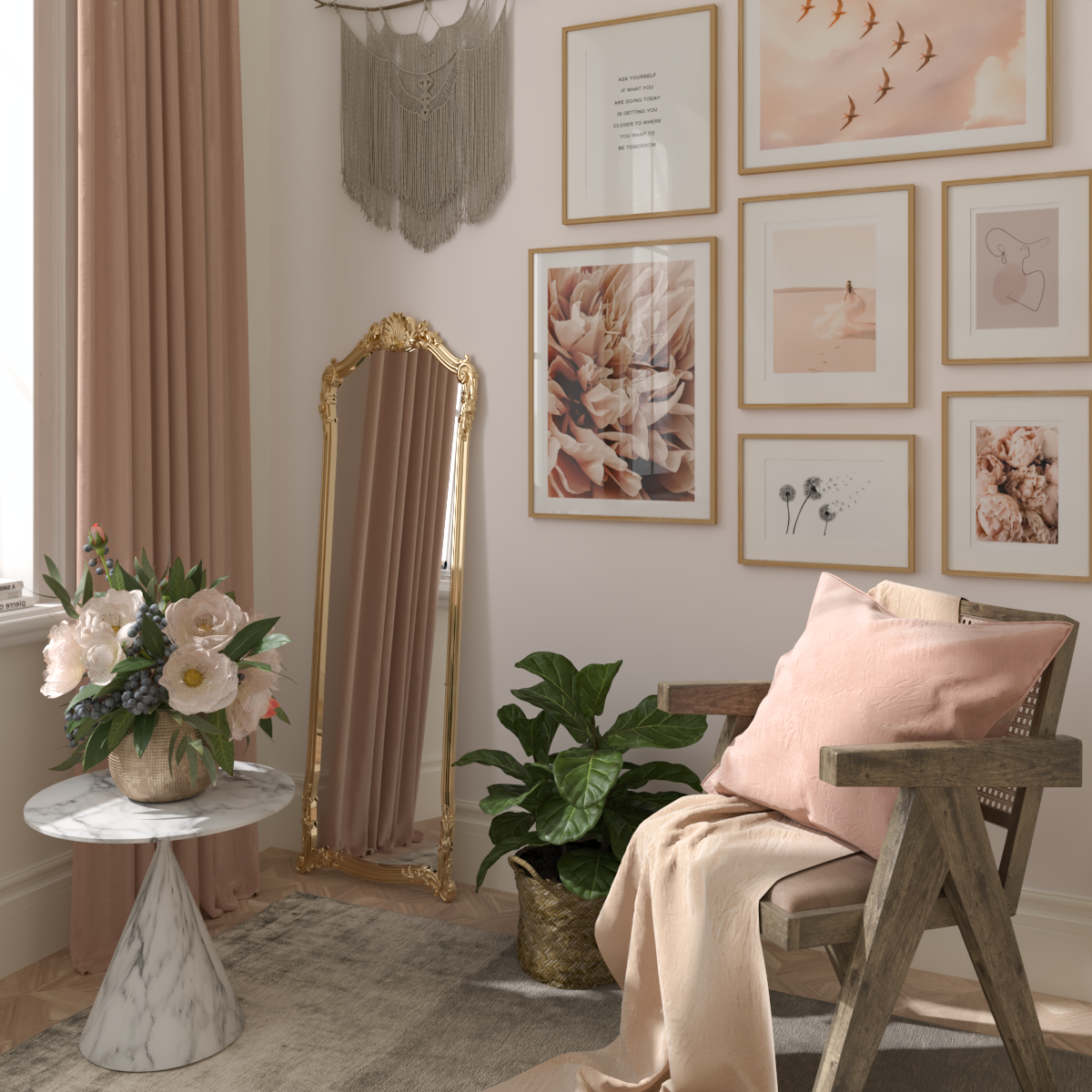 Orange Pink Gallery Wall Boho Flower Birds Art Prints Posters for Living Room - Gallery Wall Idea - Montronc.com