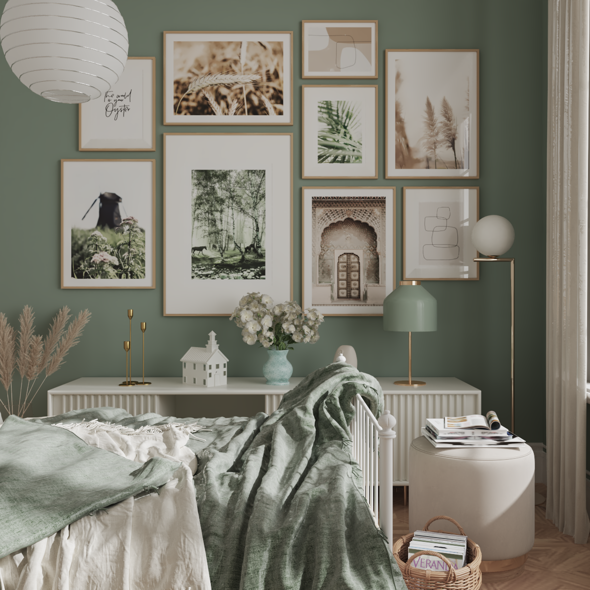 Sage Green Cottagecore Gallery Wall Nature Brown Botanical Art Prints Bedroom - Gallery Wall Inspiration - Montronc.com