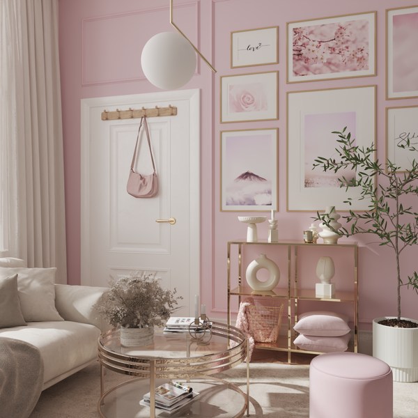 Fashion Living Room Decor Pink Modern Wall Art Gold Furniture Minimalism Ideas for Girl Women