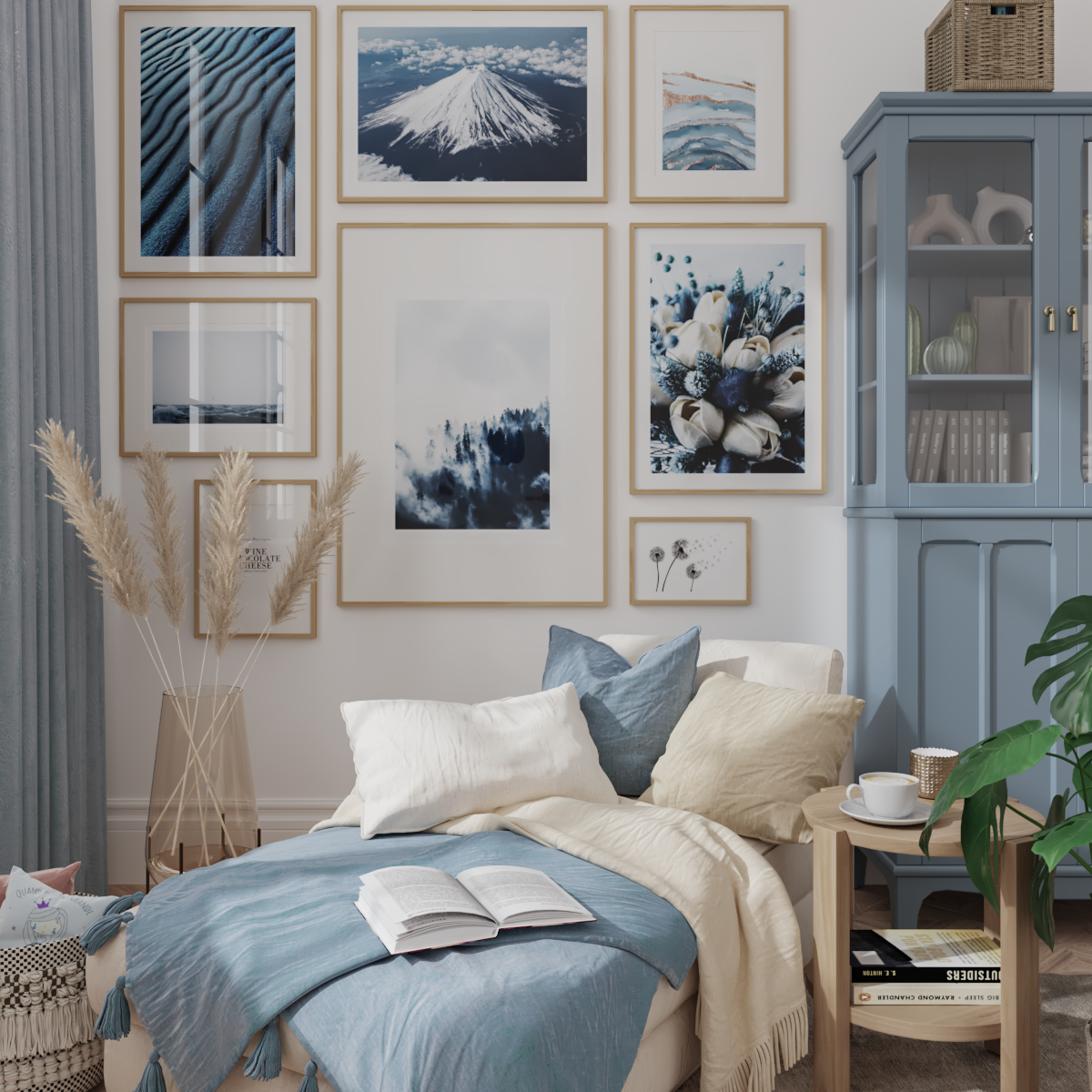 Blue Room Decor Inspiration Flower Posters Boho Living Room Nature Sea Mountain Motif