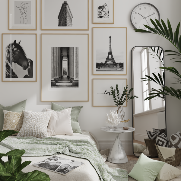 Black and White Gallery Wall Minimalist Bedroom Idea Modern Art Prints Decor