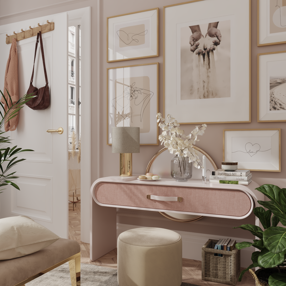 Modern Boho Living Room Abstract Gallery Wall Beige Line Art Pictures