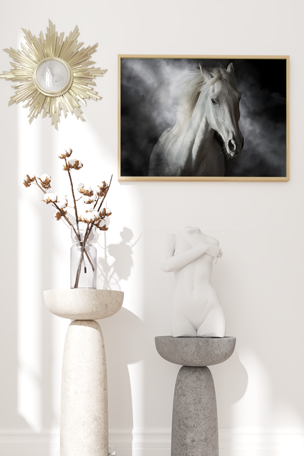 Monochrome White Horse Poster