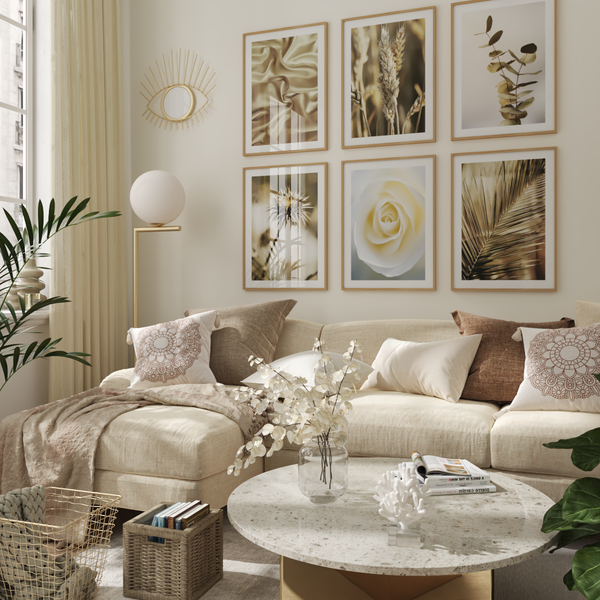Golden Sofa Wall Decor Idea Boho Living Room Guide Botanical Posters