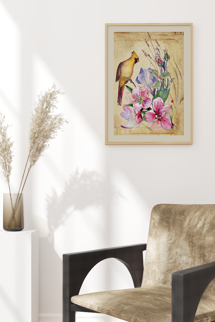 Bird on Lily Bush Poster