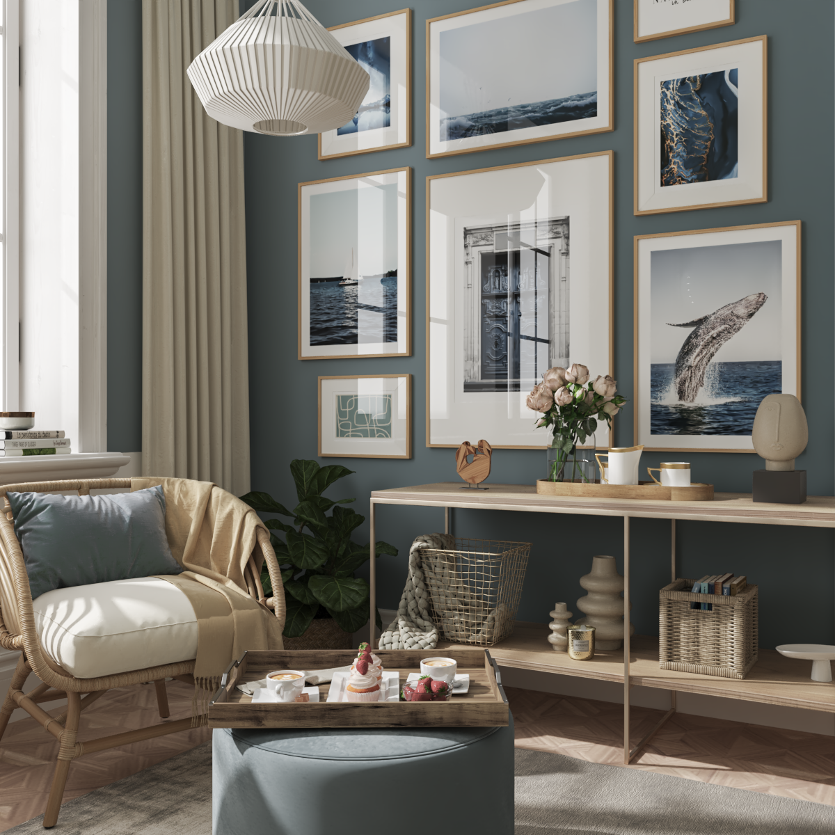 Modern Picture Wall Living Room Decor Blue Print Home Interior Design Renovation Large Frame