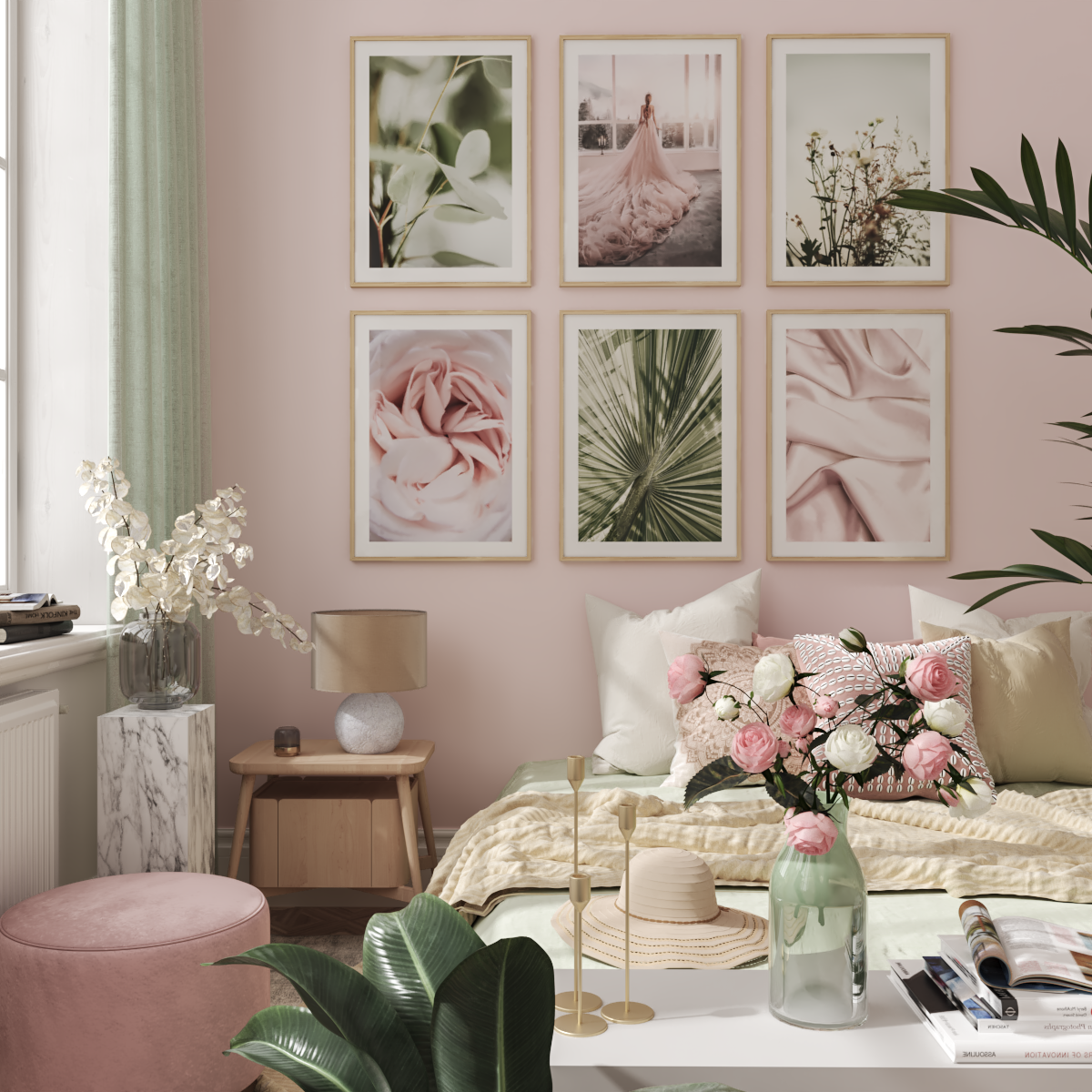 Pink and Green Modern Master Romantic Bedroom Ideas Wall Poster Decor Aesthetic for Girl