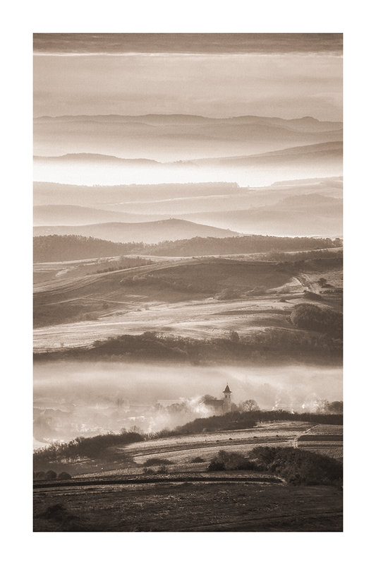 Misty Morning Village Poster