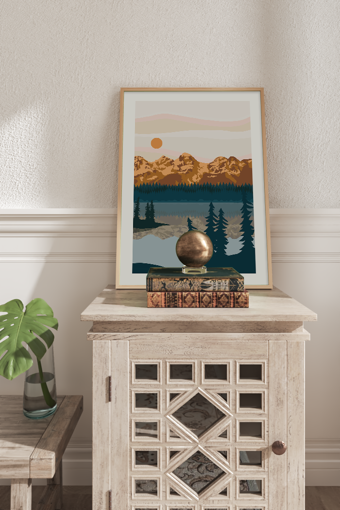 Abstract Riverside Mountain Poster