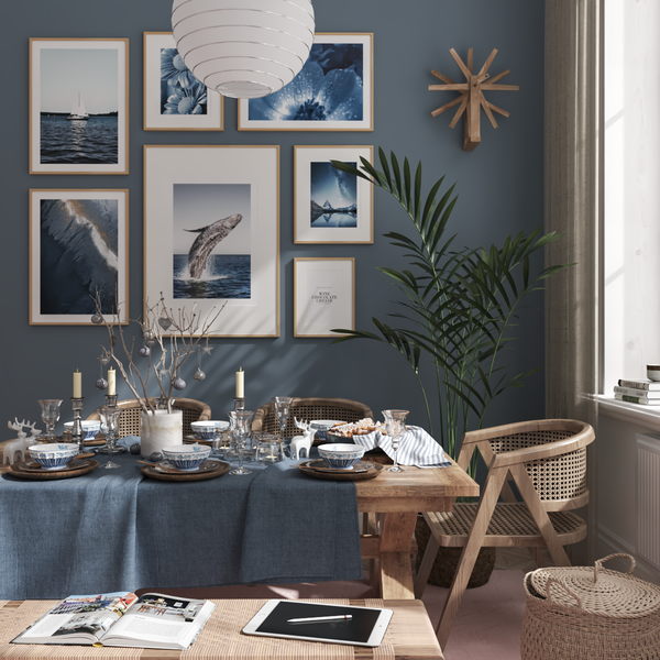 Morden Cozy Home Dining Room Wall Decor Ideas Navy Blue Aesthetic Print Nature Photo Accent Wall