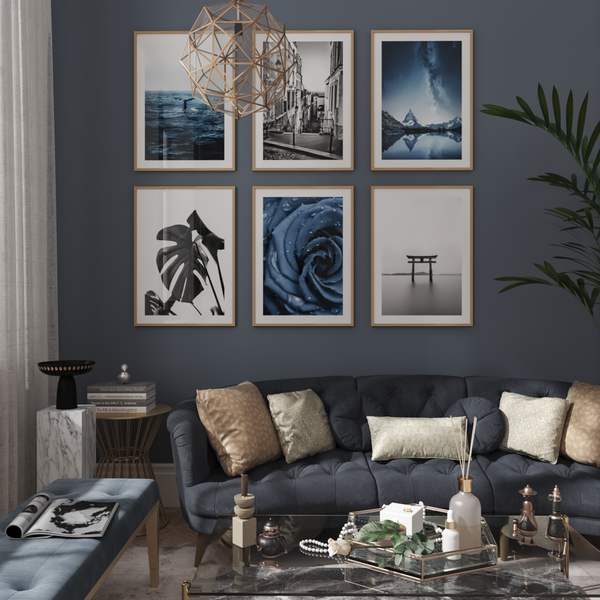 Gallery Wall Modern Vintage Blue Living Room Wall Art Ideas Black and White Poster
