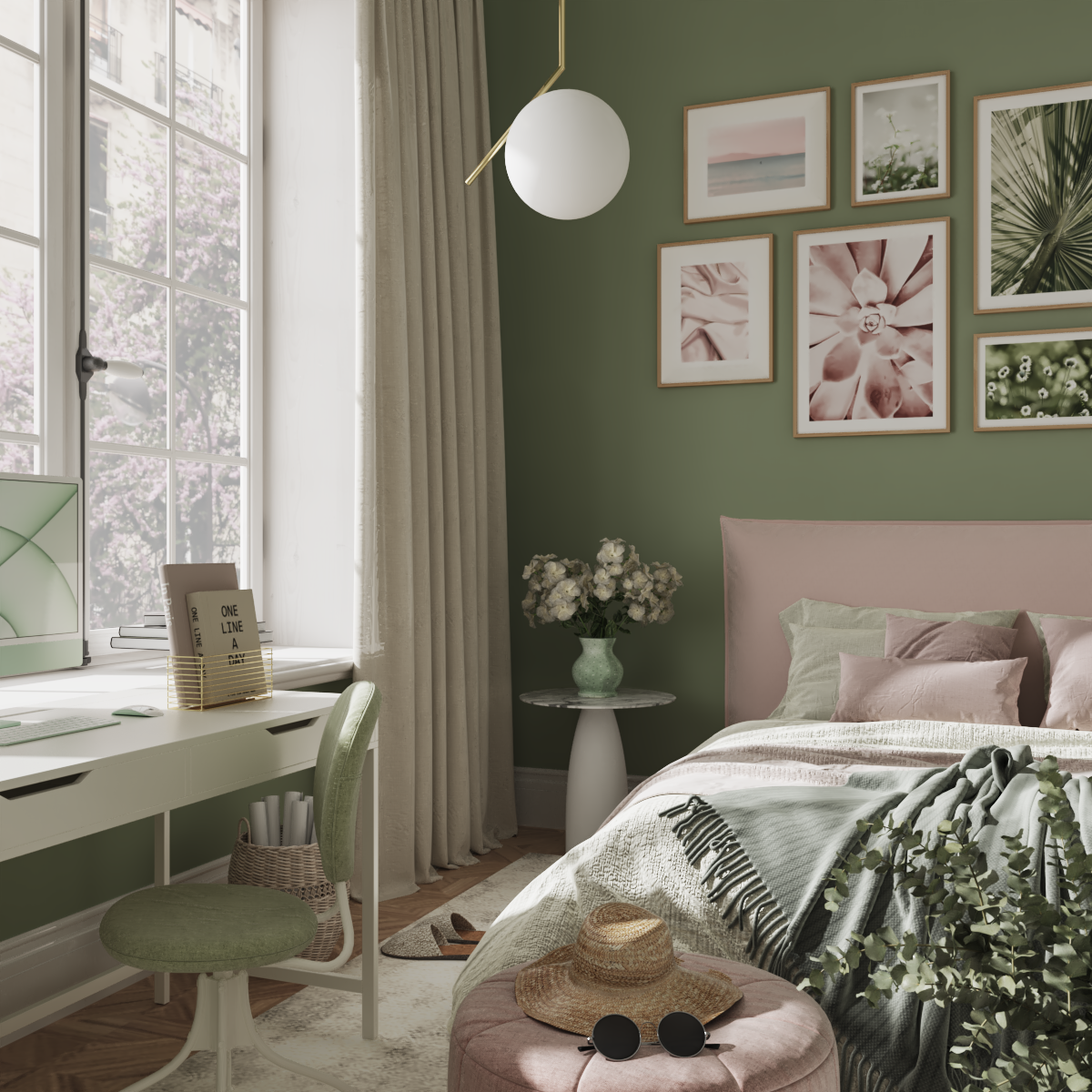 Green Pink Guest Bedroom Work Office Women Room Decor Flower Poster Modern Wall Art Remodel